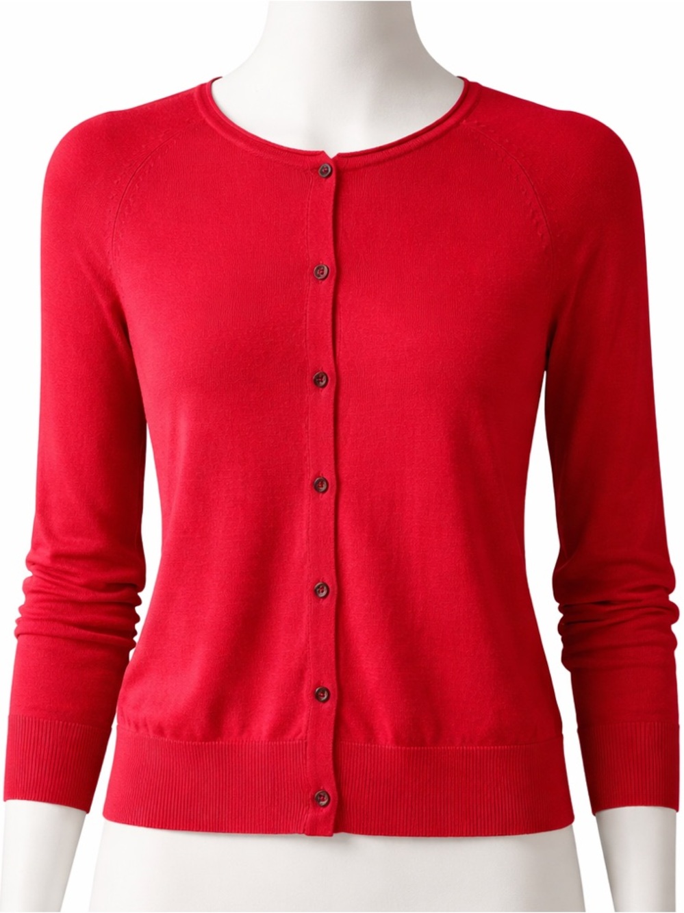 LOFT Bright Red Button-Up Crewneck Lightweight Wool Blend Cardigan